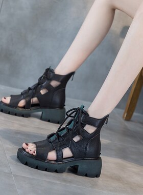 街拍鱼嘴高跟鞋202n4夏季新款厚底凉靴女高帮防水台高跟凉鞋女粗