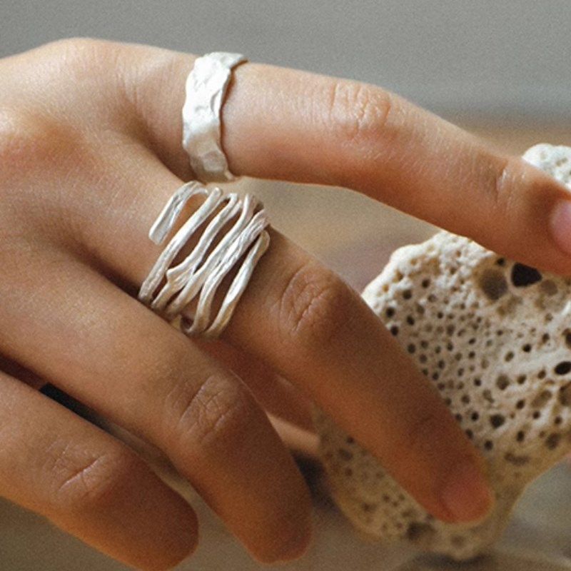 999银圈不规则缠绕个性开口指环 个性设计感简约多层树枝手工戒指