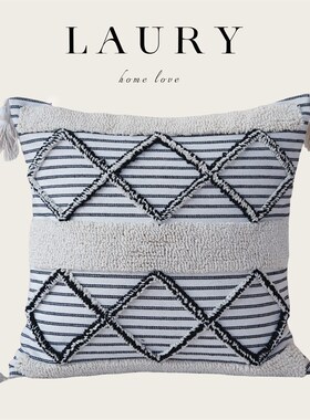 样板间民宿c侘寂风沙发客厅靠枕床上靠垫黑色方框麻绳款腰枕抱枕