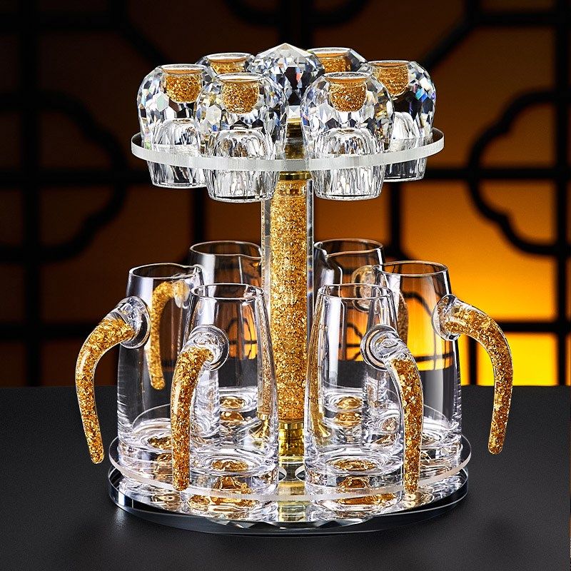 中式金箔水晶白酒杯套装家用玻璃小号一口杯子刻度带把分酒器酒盅