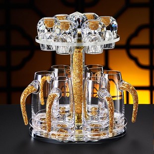 中式 家用玻璃小号一口杯子刻度带把分酒器酒盅 金箔水晶白酒杯套装