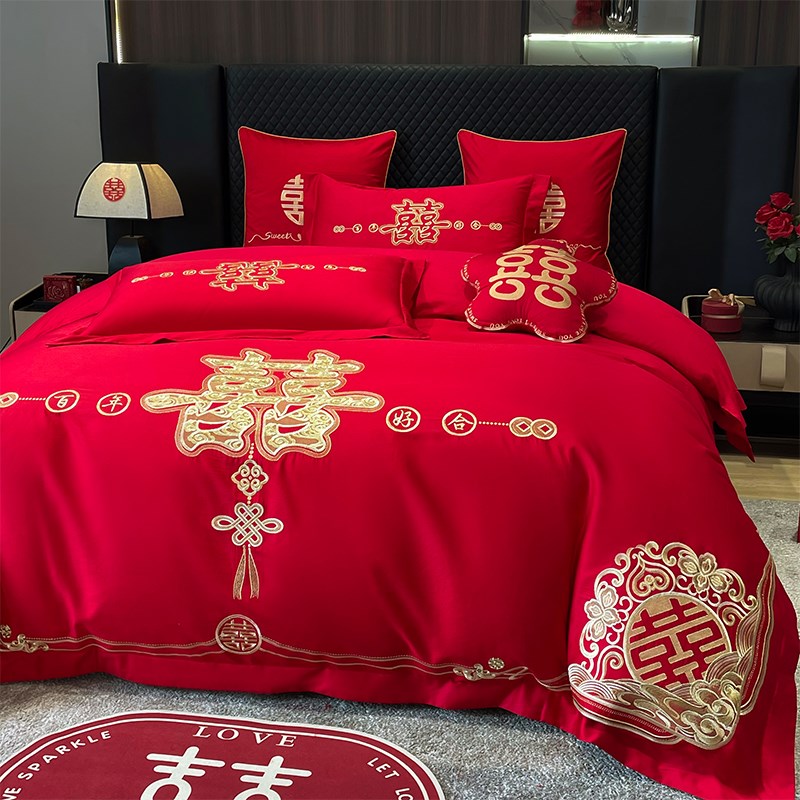 婚庆大红色100纯棉四件式全棉喜被被套结婚陪嫁床单新婚床上用品