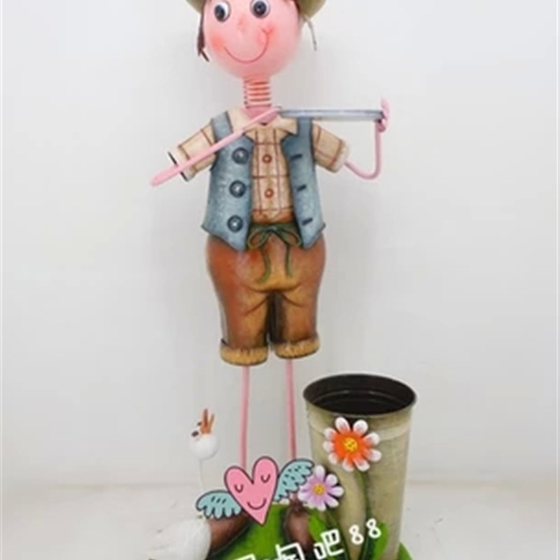 田园家居装饰品落地摆件铁皮娃娃插花桶铁艺垃圾桶幼儿园别墅