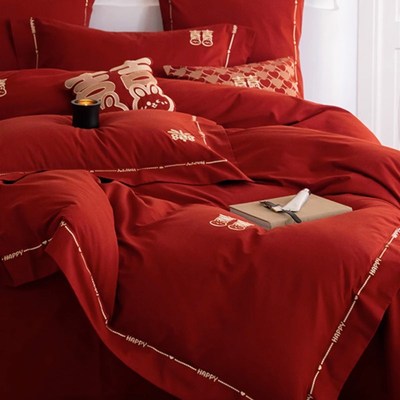 中式婚庆纯棉四件套结婚用100S长绒棉磨毛大红色被套陪嫁喜被床品