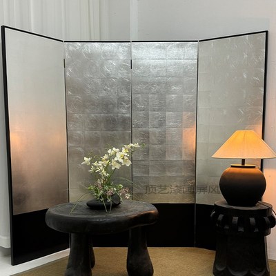 日式手绘素金箔银箔漆画艺术屏风客厅餐厅茶厅隔断装饰背景可定制