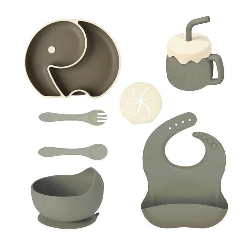 儿童硅胶餐盘7件套装婴儿分隔餐盘喂养围兜水杯叉勺辅食碗餐具,婴童用品,儿童餐具,淘宝优惠券,粉丝福利购,淘宝优惠卷