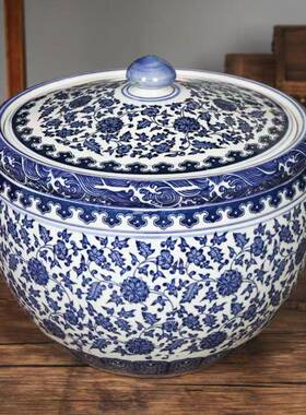 青花陶储物罐米酒猪油盐瓷面粉密封防粮潮五谷杂罐子带HF782472盖