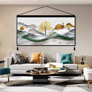 画现代KOM简约发财饰鹿山水挂画免打孔墙布背景挂布室卧房间客厅