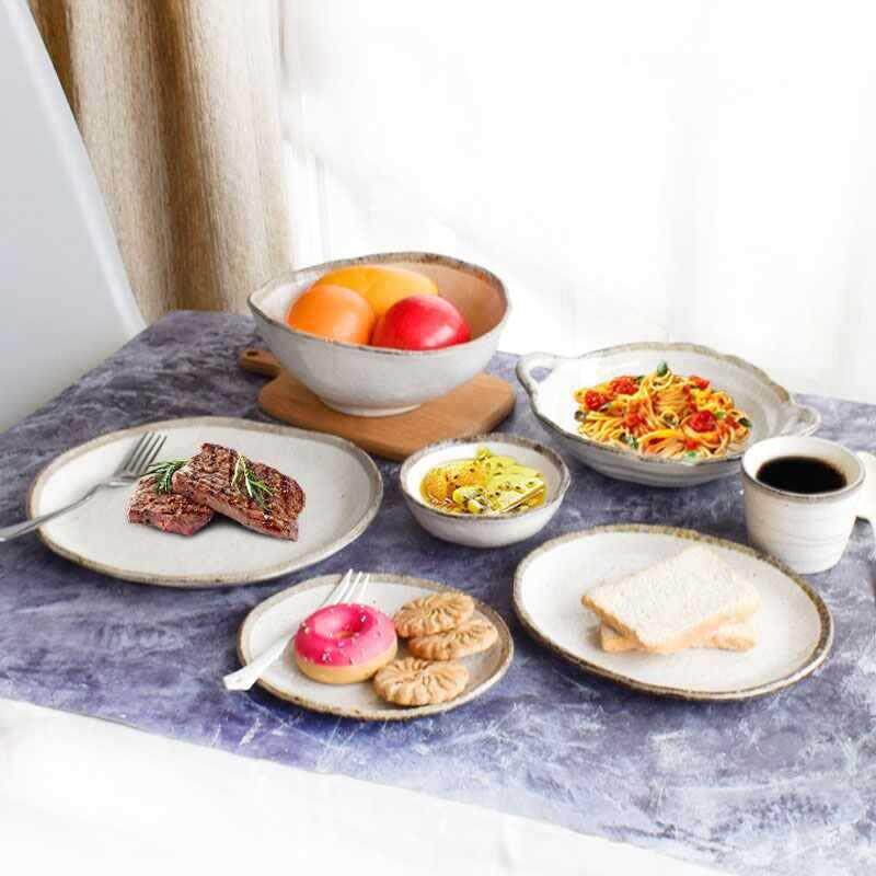 日粗陶做旧EOF汤盘面碗双手作复古式盘餐盘饭钵咖喱饭盘耳美浓