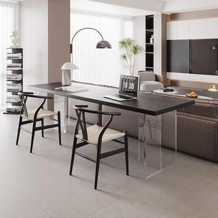 黑桌实木书桌横厅沙后长739条桌亚克力悬浮发双人学习极简电脑桌