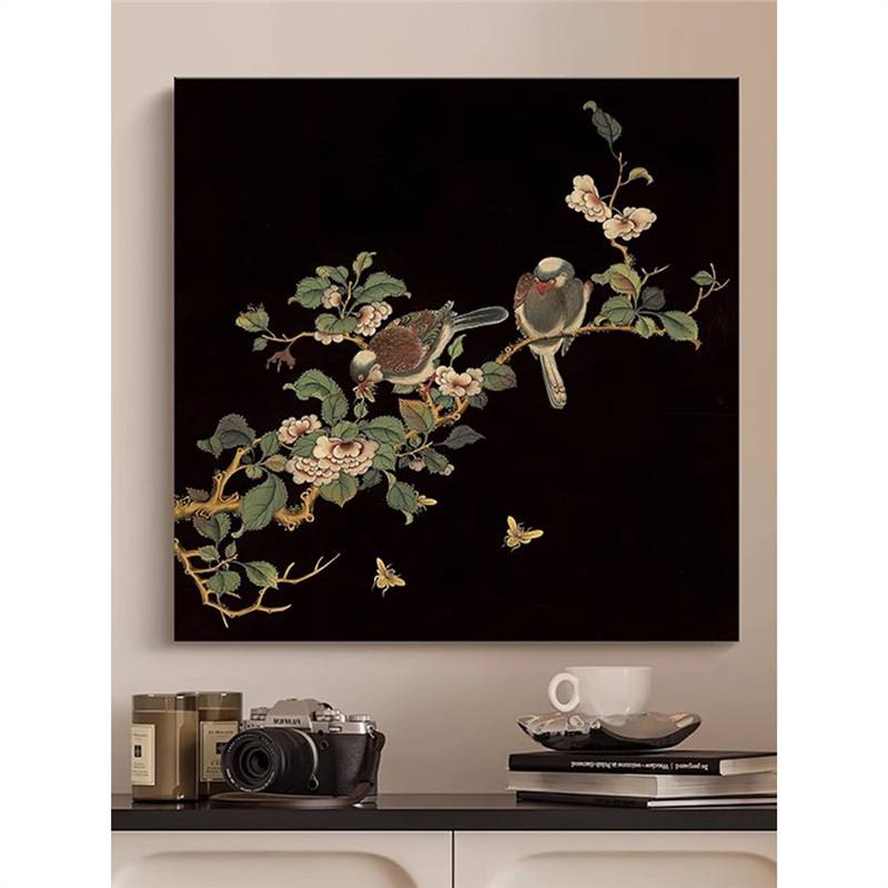 法式中古风客厅装饰画新中式复古卧室床头花鸟图壁画入户玄关挂画