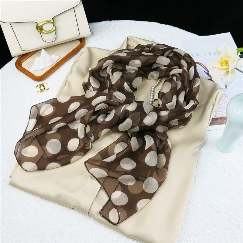 薇秋丝巾长条春秋冬季2025新款围巾女纱巾咖啡色圆点波点系脖披肩