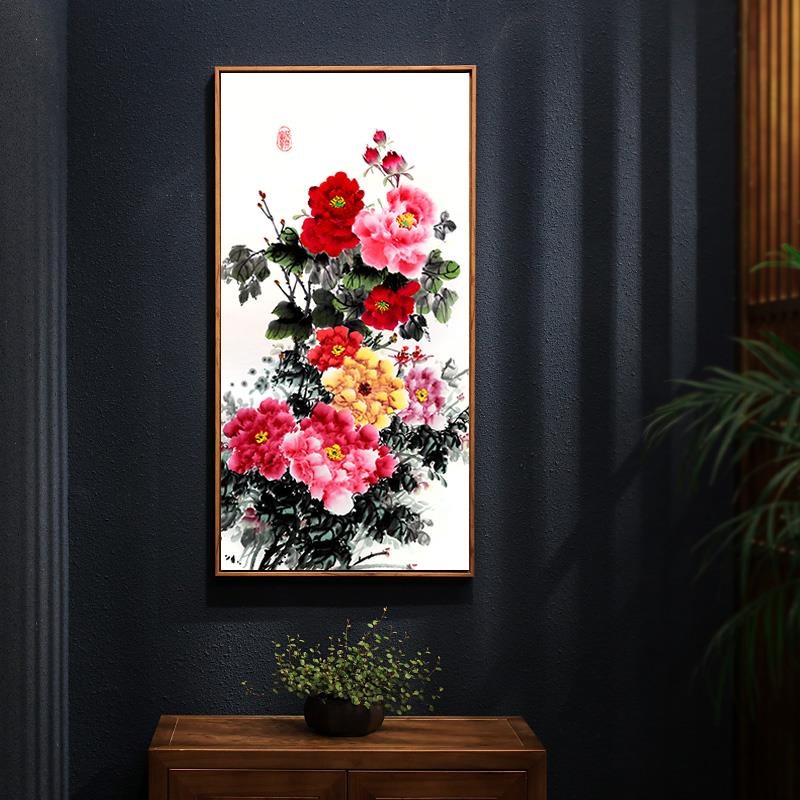 牡丹花挂画入户玄关竖版走廊过道壁画花开富贵图新中式客厅装饰画图片