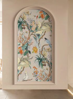 喜上眉梢新中式花鸟画客厅玄关墙布装饰画拱形走廊过道背景墙壁纸
