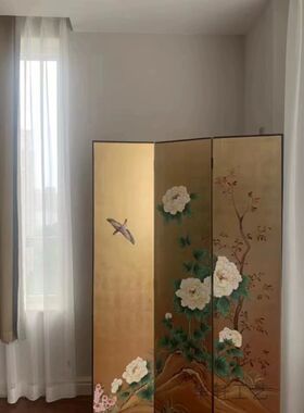 折屏屏风金箔花鸟手绘漆画隔断B玄关背景墙客厅沙发卧室移动中式