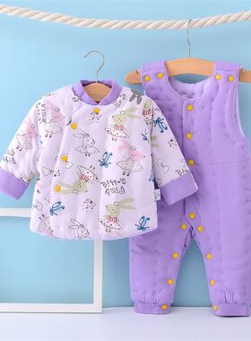 冬加厚新生婴幼儿童棉衣套装男女宝宝手工花棉服背带棉裤棉袄