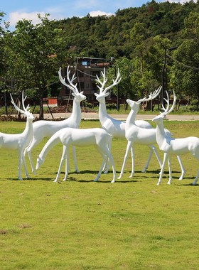 户外抽象白色梅花鹿玻璃钢草坪雕塑售楼部处园林景观装饰小品摆件