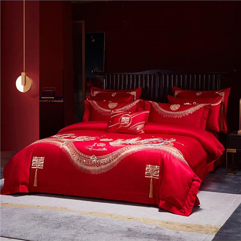 140S缎面全棉婚礼四件套大红色婚礼套新婚床床单被套婚礼床上用品
