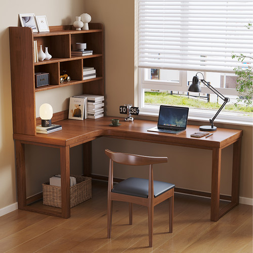 实木转角书桌f书架一体家用L型电脑桌简约拐角办公桌小户型工作台