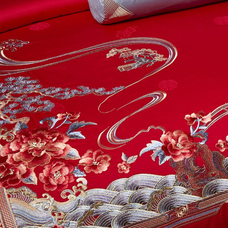 高端婚庆十件套长绒棉四件套结婚礼陪嫁床单喜被套大红色床上用品