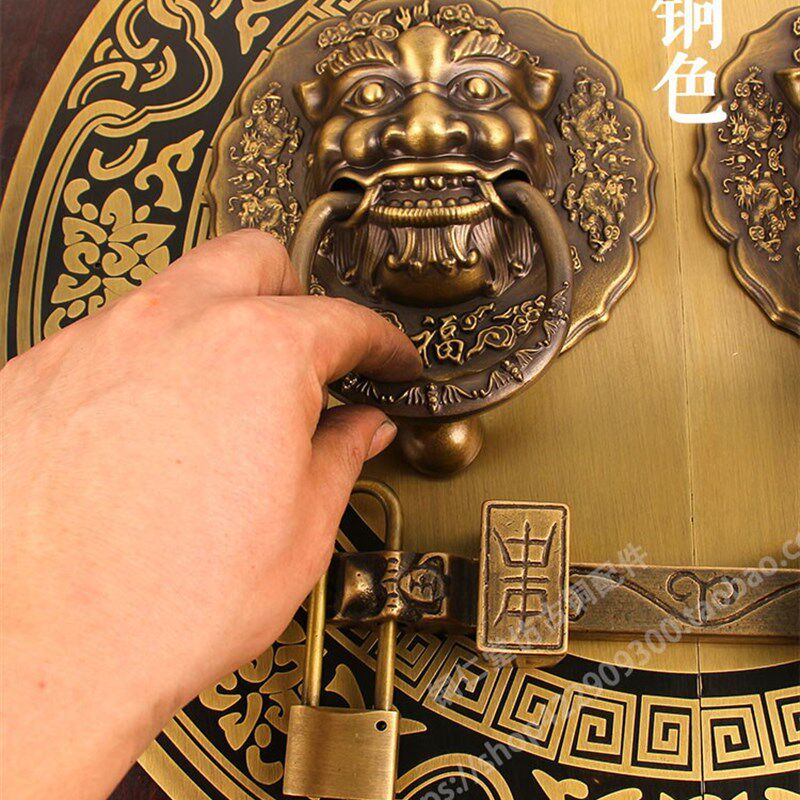 仿古纯铜大门门栓拉手中式圆形门锁老式实木兽头门环木门明插销锁