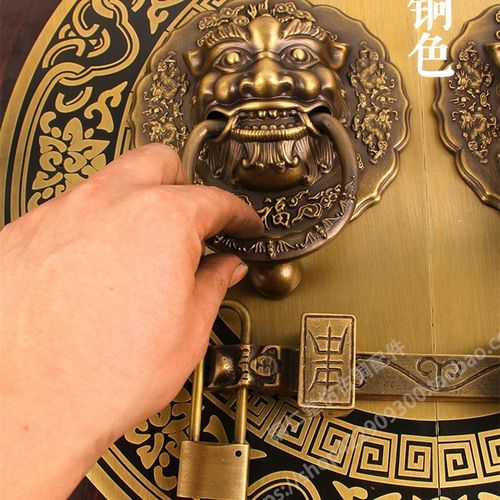 仿古纯铜大门门栓拉手中式圆形门锁老式实木兽头门环木门明插销锁