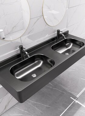 304不锈钢双盆洗手盆挂墙式洗脸盆C酒吧KTV酒店厕所双池黑色洗手