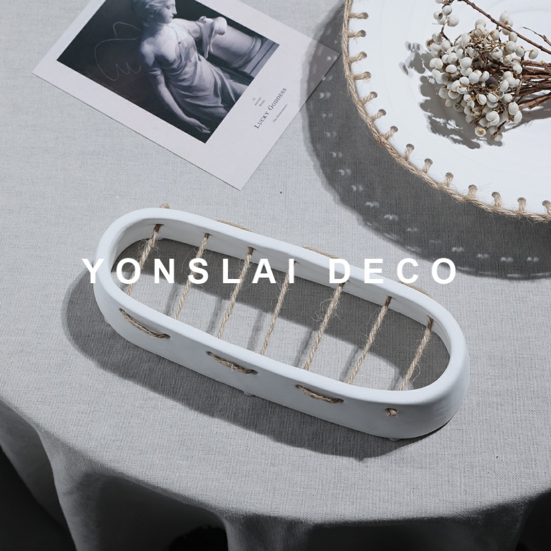 现代简约编织陶瓷白色托盘摆件置物盘餐桌客厅茶几家居装饰软装