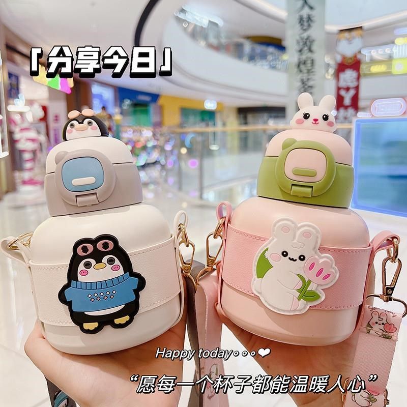 新款圈圈胖墩保温杯弹盖吸管卡通儿童保温杯带吸管保温杯保温壶