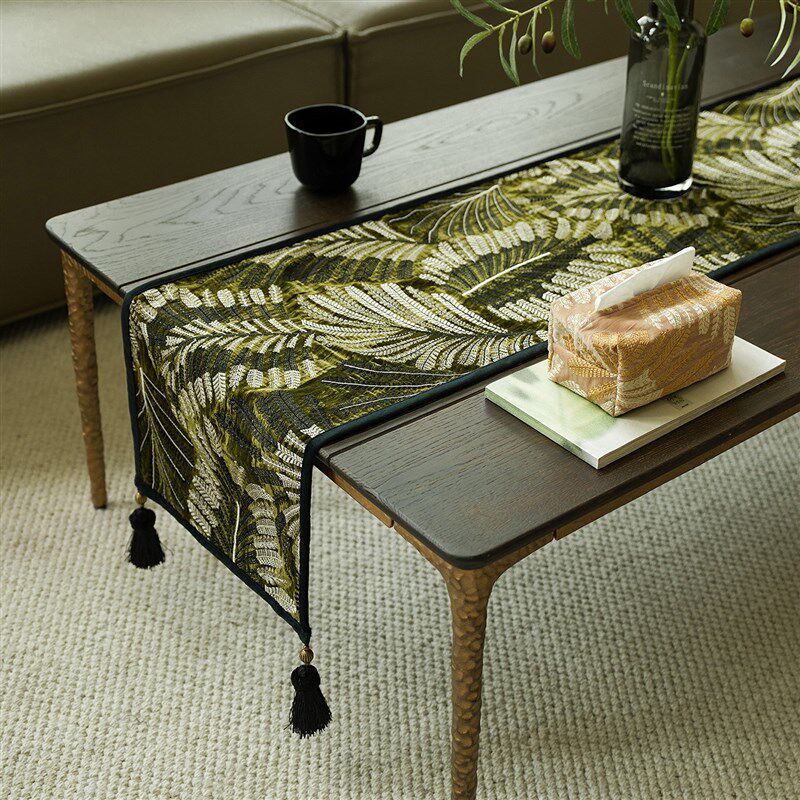 绿底奢金树叶刺绣桌旗氛围感装饰茶桌垫布茶席餐桌装饰茶几布桌布,居家布艺,桌旗,淘宝优惠券,粉丝福利购,淘宝优惠卷