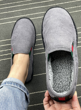 冬款保暖加绒老北京款西山布鞋男灰色灯芯绒工作鞋一脚蹬黑底软底