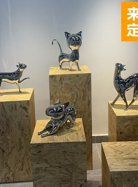 不锈钢猫咪镜面雕塑动物造型抽象摆件玻璃纤维定制户外草坪公园社