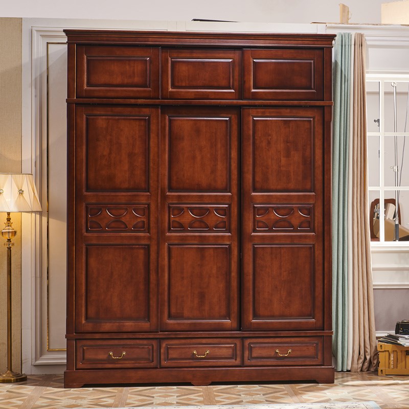 实木衣柜美式乡村仿古做旧推拉移门带抽屉带镜子三门实木大衣橱柜