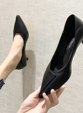 3cm小跟尖头高跟鞋女低s跟两穿软皮软底黑色职业工作鞋OL上班鞋潮