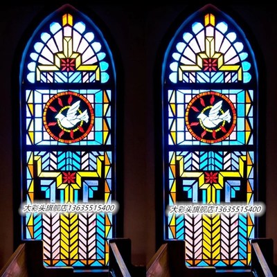 彩色艺术玻璃教堂透光窗户玻璃片别墅花玻璃隔断玄关吊顶天窗屏风