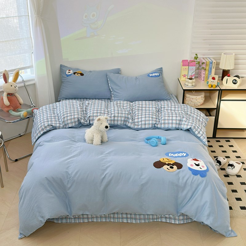 蓝色小可爱 卡通全棉双层纱毛巾绣四件套 男孩儿童房床上用品被罩