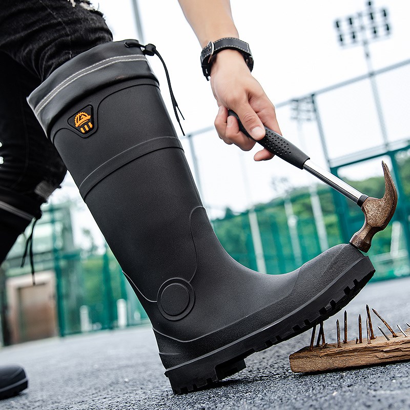 防砸防刺钢头雨鞋男士工地防钉子劳保鞋高筒雨靴防水靴胶鞋收缩口
