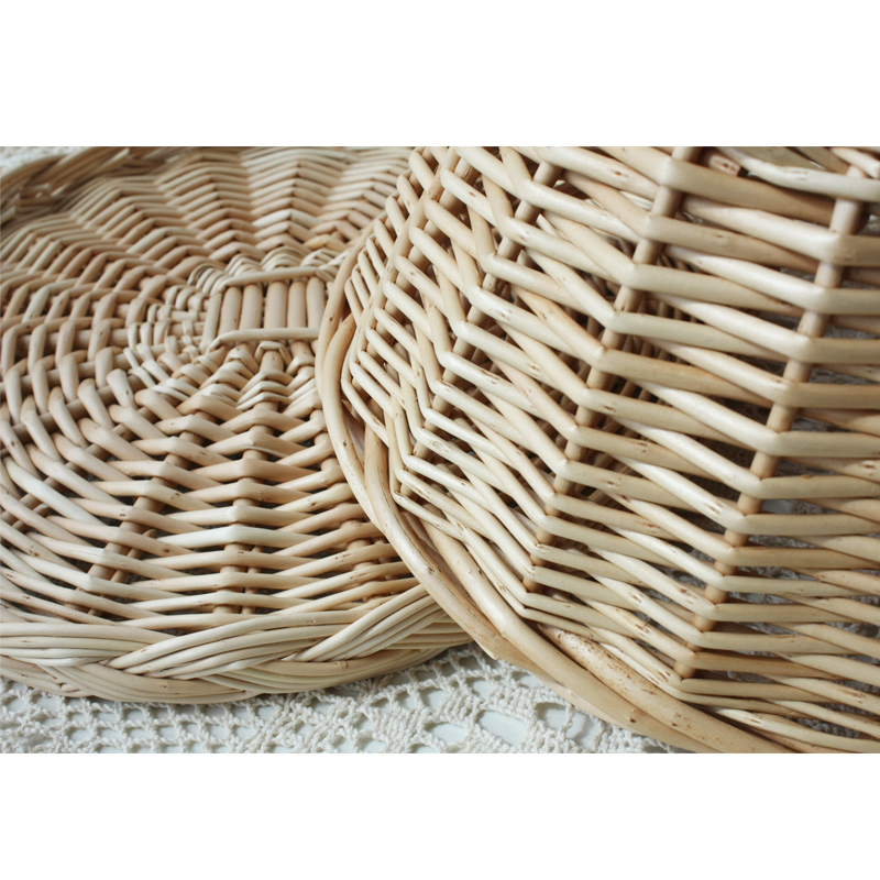 藤柳编托盘圆形带盖篮子手工编织水果面包茶点食物展示圆盘收纳筐