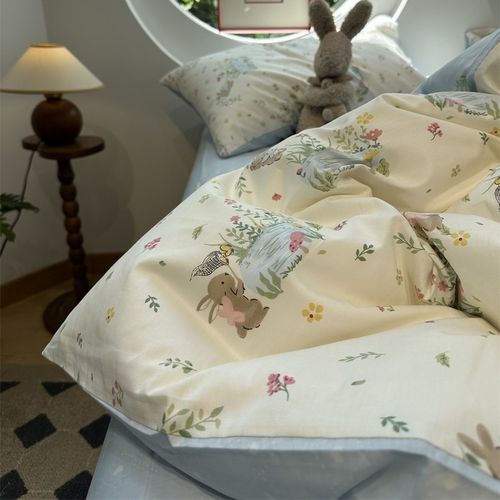 田园风卡通可爱兔兔纯棉床上四件套1.5m1.8米全棉床单被套宿舍三