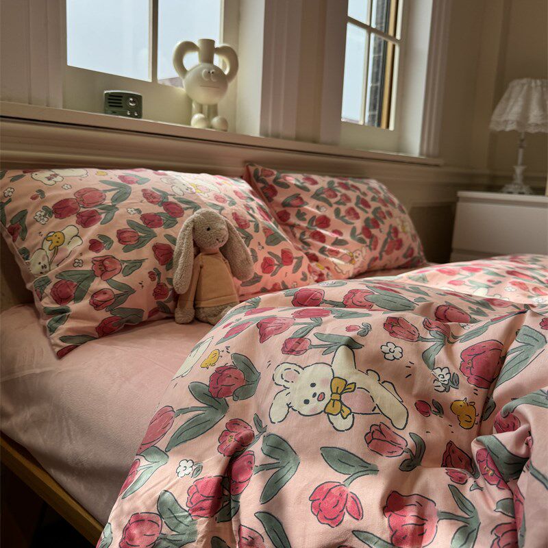 韩系可爱棉加绒花园小兔四件套A面全棉B面宝宝绒1.5m耐脏被套床单