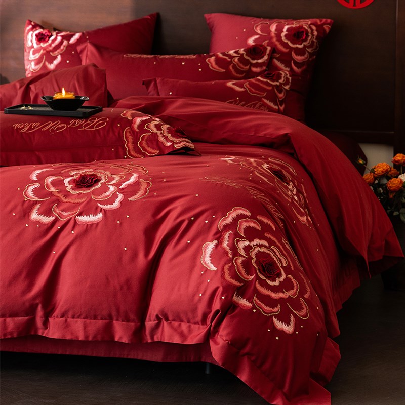 高级婚庆床上四件套全棉100支立体花朵刺绣纯棉红色结婚被套床单