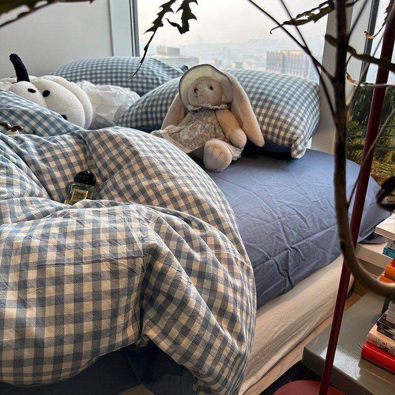 ins水洗棉蓝色小格子床上用品四件套文艺1.K5m1.8米学生宿舍三件