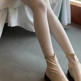 袜棉螺纹袜裤 连脚裤 燕麦奶白色 女外穿中厚秋冬季 日系竖条纹打底裤