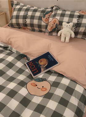 卡通风格子少女心灰色四件套单人学生宿舍床单被套三件套床上用品