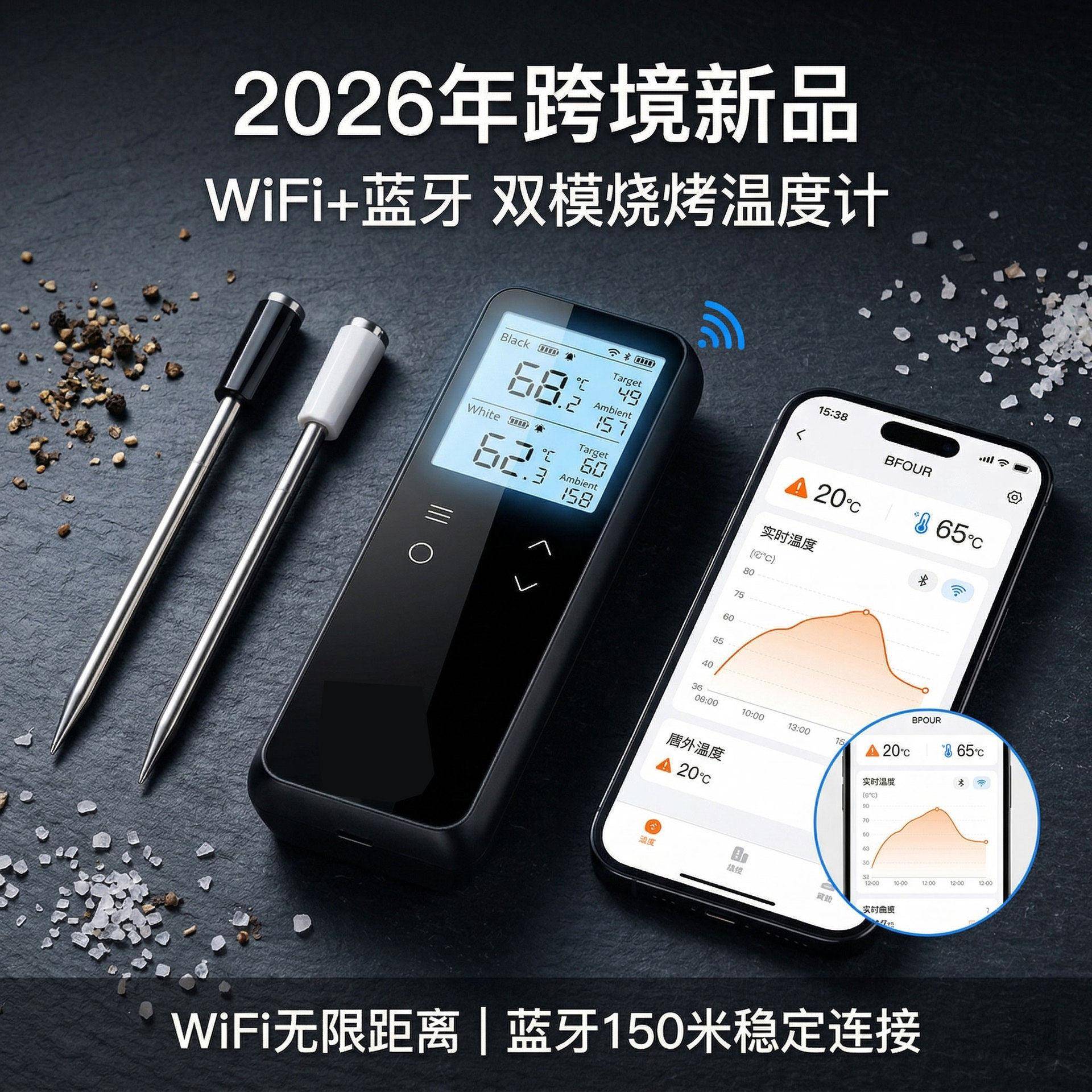 欧美热销BBQ烧烤炉温度计 无线WiFi充电长续航智能报警烧烤温度计