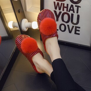 居家毛绒球皮棉拖鞋女室内外秋冬保暖防水坡跟时尚厚底防滑月子鞋