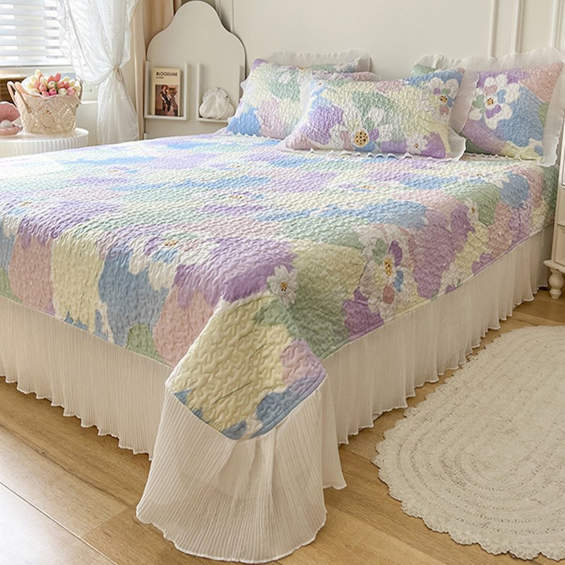 韩版床盖80支纯棉三四件套公主风全棉床单被套四季榻榻米夹棉绗缝