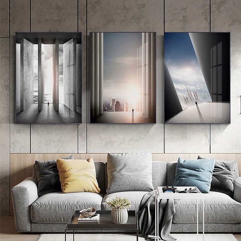 现代简约黑白灰装饰画客厅建筑空间挂画样板间玄关抽象工业风壁画图片
