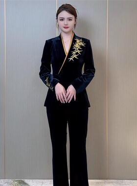 25233-2025早秋新款中式国风金竹刺绣丝绒套装女