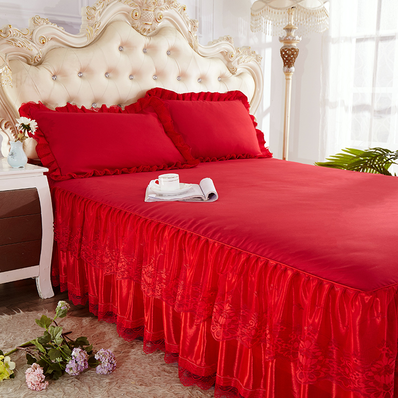 单件床罩三件套结婚庆大红色公主蕾丝床裙款床套床单1.5m1.8m2米